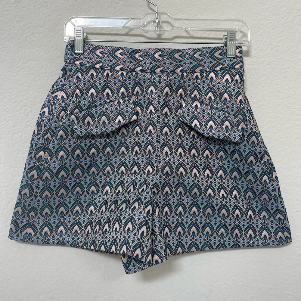 Maje Blue Metallic Jacquard Trapeze Shorts Size 36/ US 4